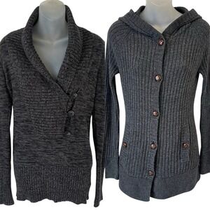 Roxy Lot Of 2 Sweaters Gray Button Up‎ Shawl Collar Hooded Long Cardigan Size M